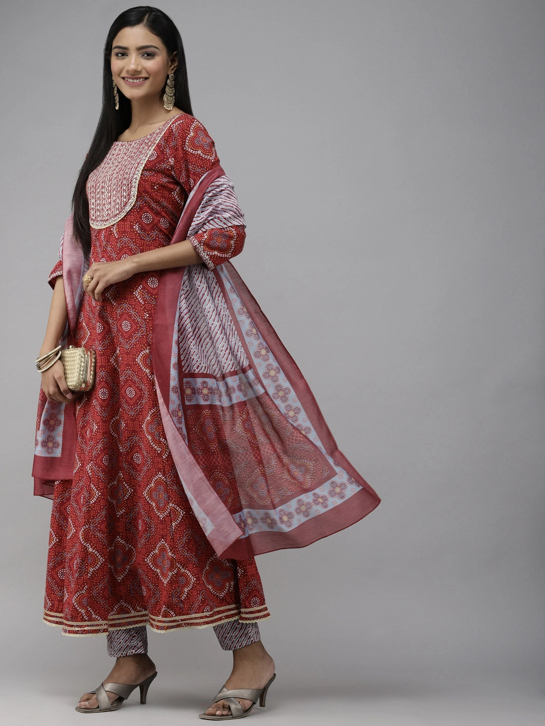 Red Printed Panelled Dupatta Set-Yufta Store-2326SKDRDS