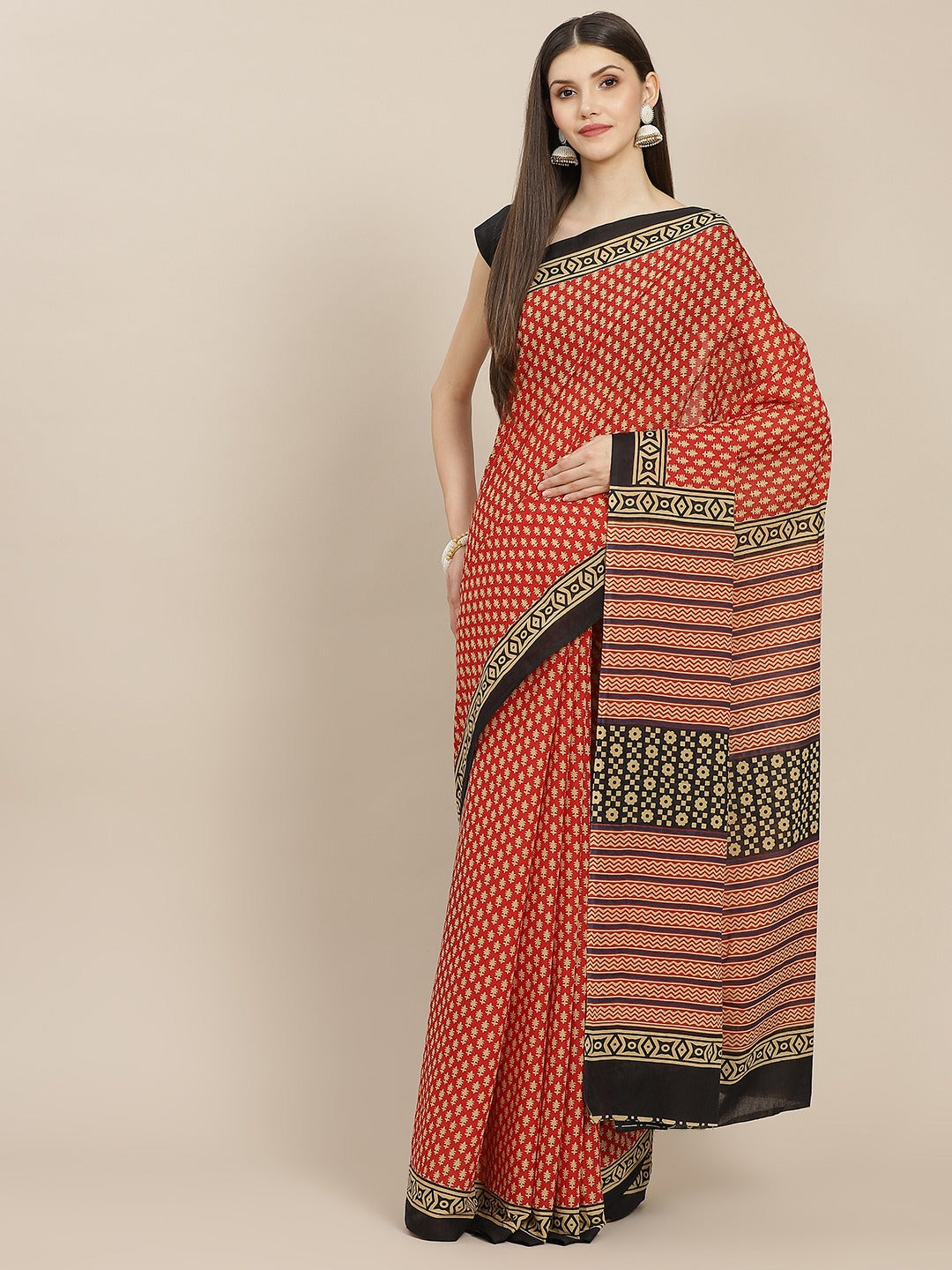 Red Printed Saree-Yufta Store-6054SARRD