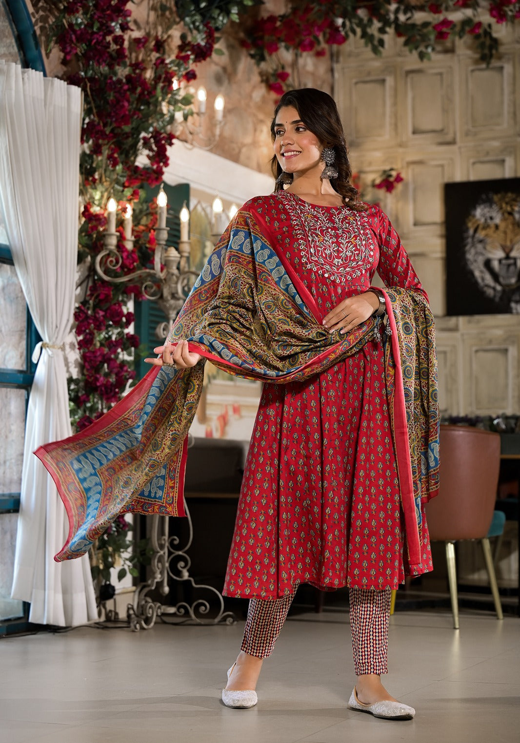 Red Pure Cotton Anarkali Zari_Work Kurta Trouser With Dupatta Set-Yufta Store-1814SKDRDS