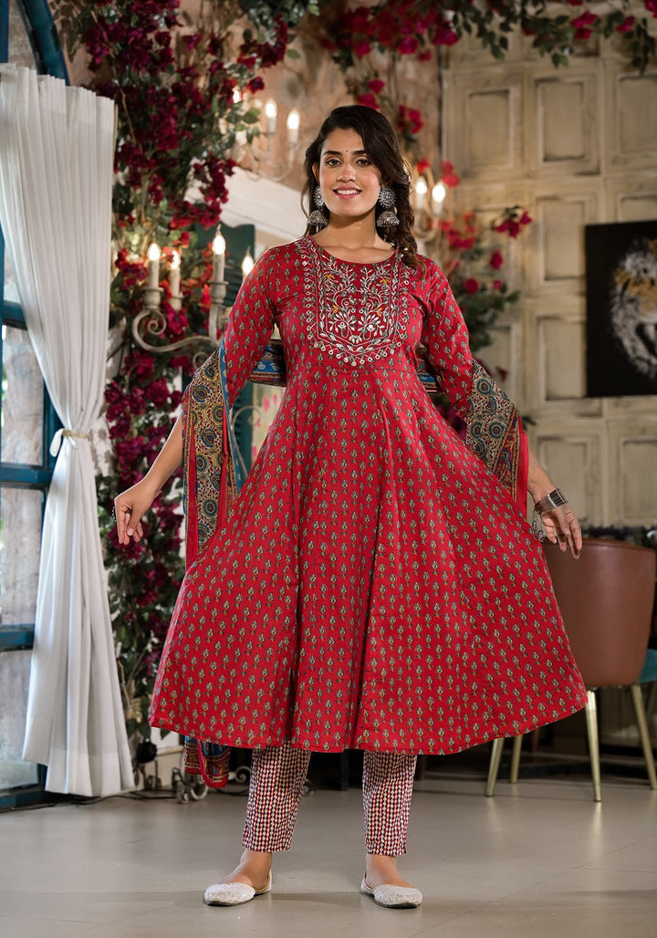 Red Pure Cotton Anarkali Zari_Work Kurta Trouser With Dupatta Set-Yufta Store-1814SKDRDS