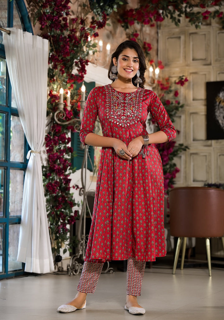 Red Pure Cotton Anarkali Zari_Work Kurta Trouser With Dupatta Set-Yufta Store-1814SKDRDS