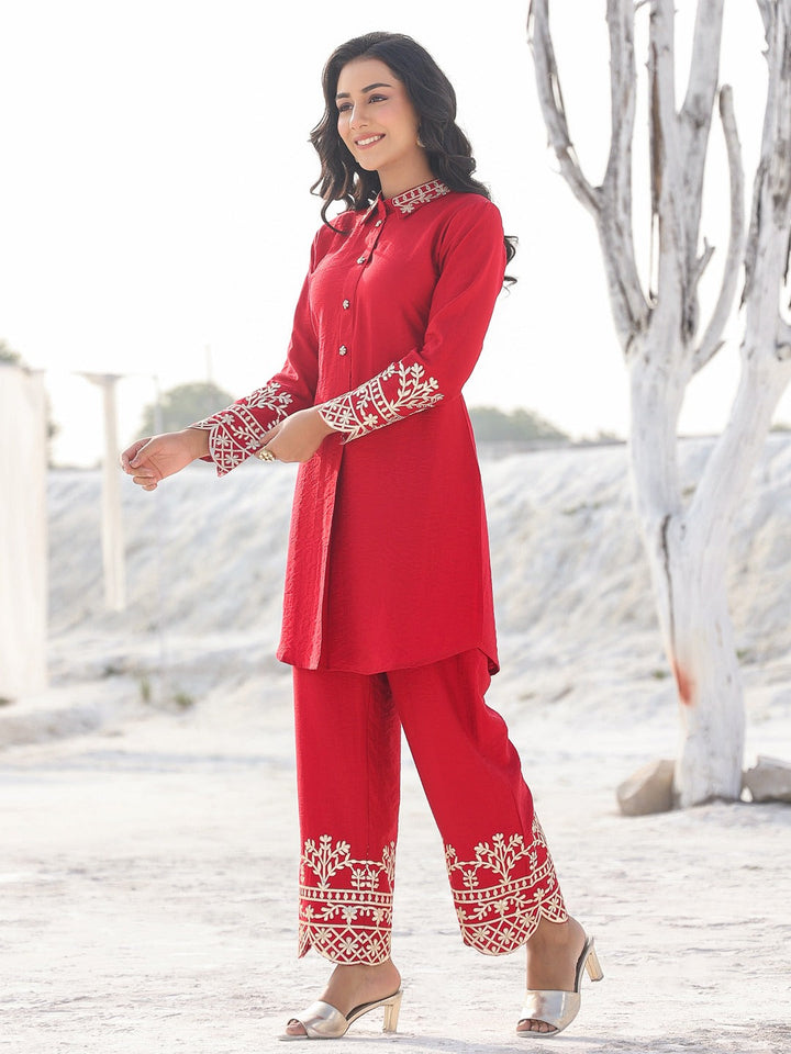 Red Pure Silk Co-ord set-Yufta Store-1914CRDRDM