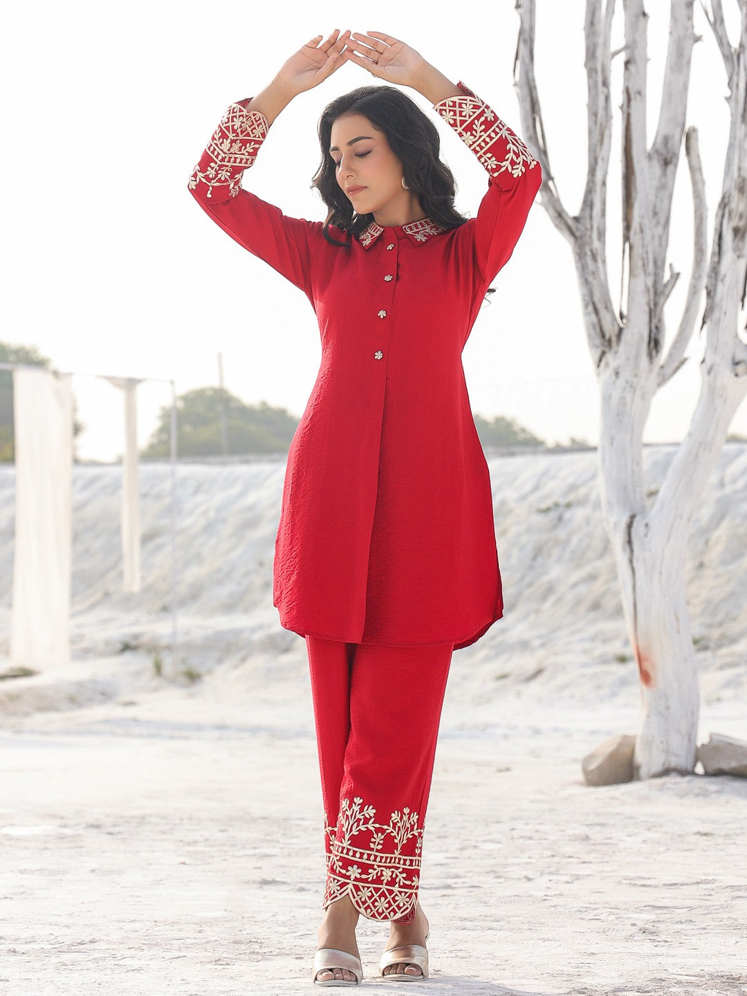 Red Pure Silk Co-ord set-Yufta Store-1914CRDRDM