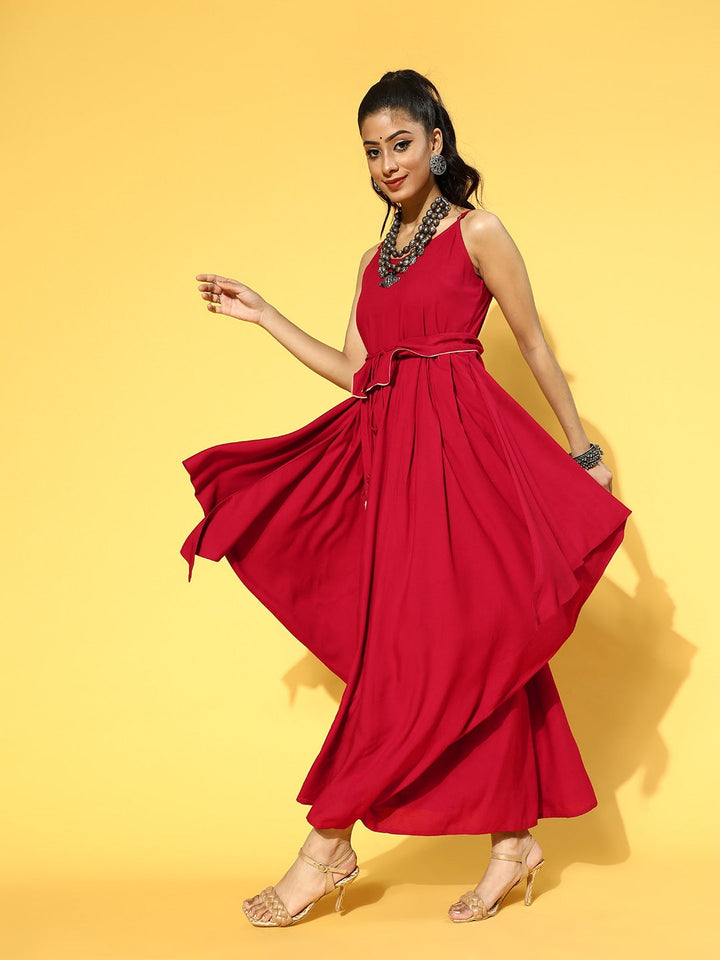 Red Solid Strap Dress with Belt-Yufta Store-9598DRSRDS