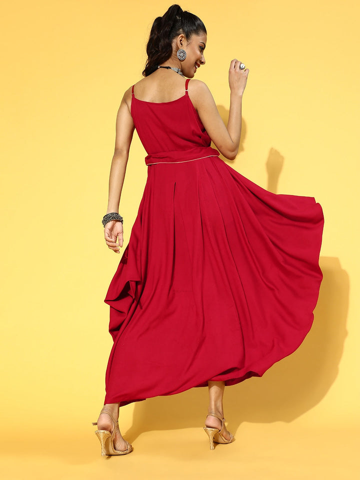 Red Solid Strap Dress with Belt-Yufta Store-9598DRSRDS