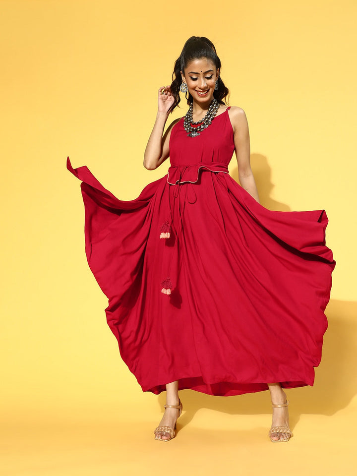 Red Solid Strap Dress with Belt-Yufta Store-9598DRSRDS