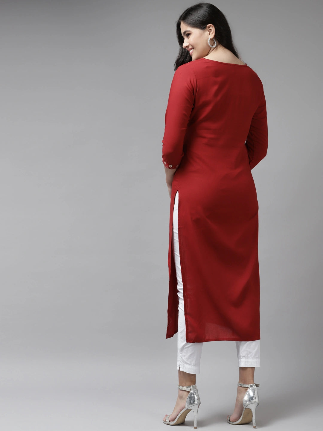 Red Thread Work Kurta-Yufta Store-6214KURRDS