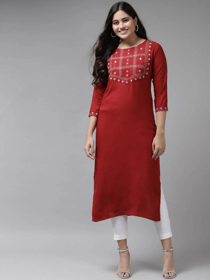 Red Thread Work Kurta-Yufta Store-6214KURRDS