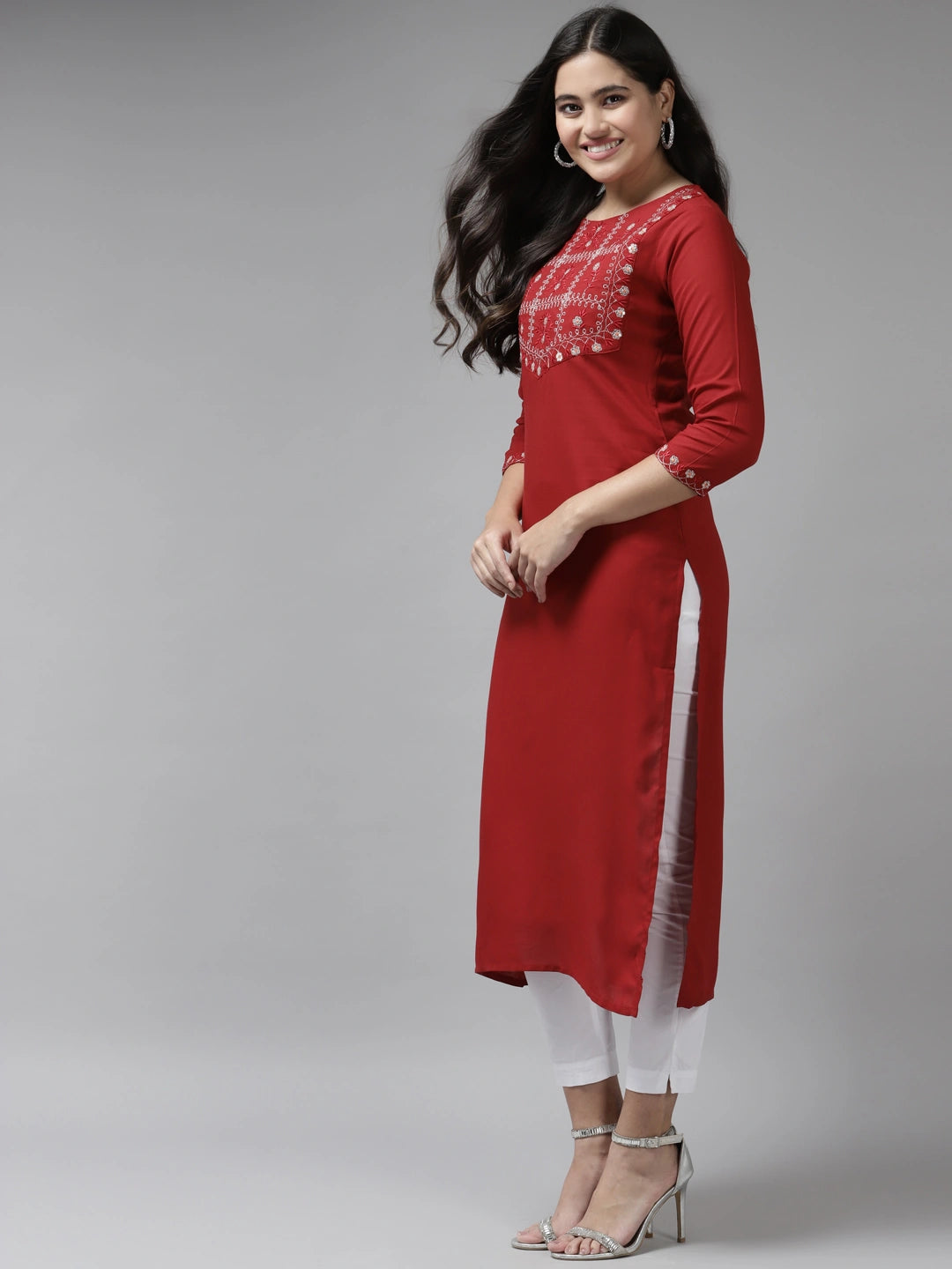 Red Thread Work Kurta-Yufta Store-6214KURRDS