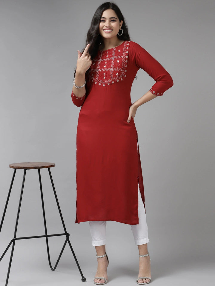 Red Thread Work Kurta-Yufta Store-6214KURRDS