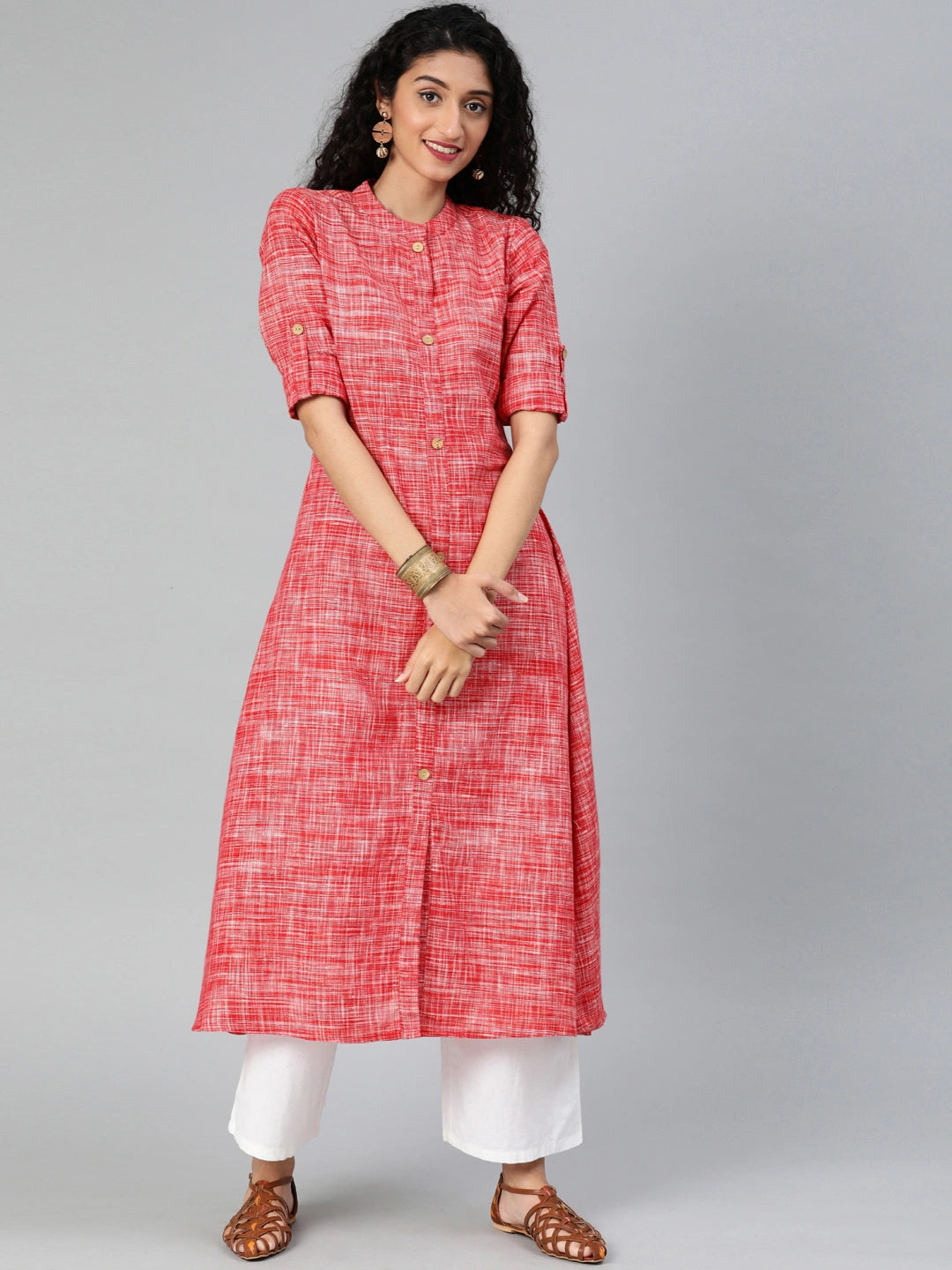 Red & White A-Line Handloom Kurta-Yufta Store-7262KURRDS