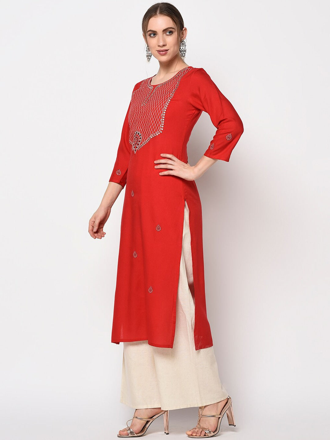 Red & White Embroidered Kurta-Yufta Store-2630KURRDS