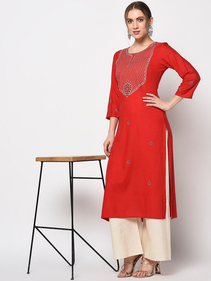 Red & White Embroidered Kurta-Yufta Store-2630KURRDS