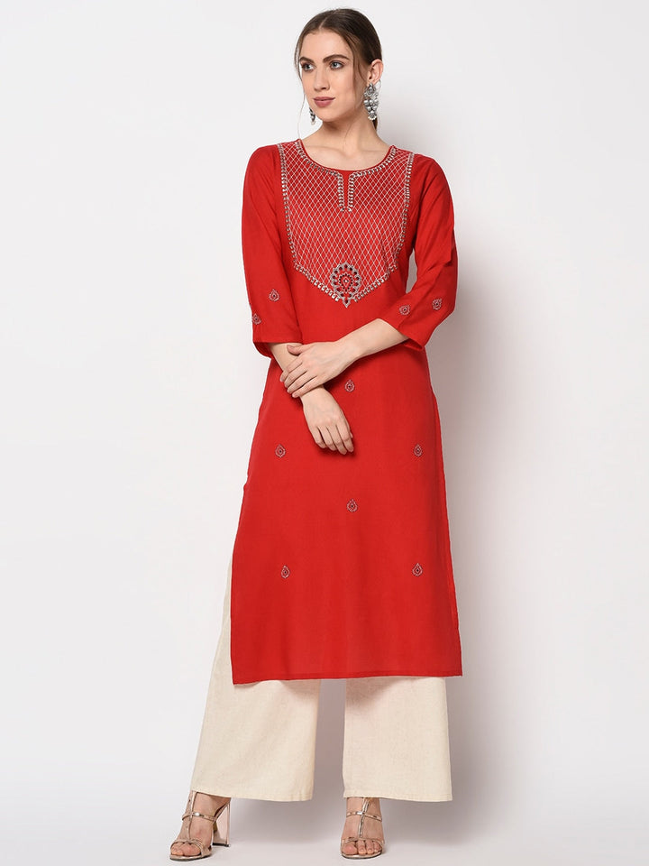 Red & White Embroidered Kurta-Yufta Store-2630KURRDS