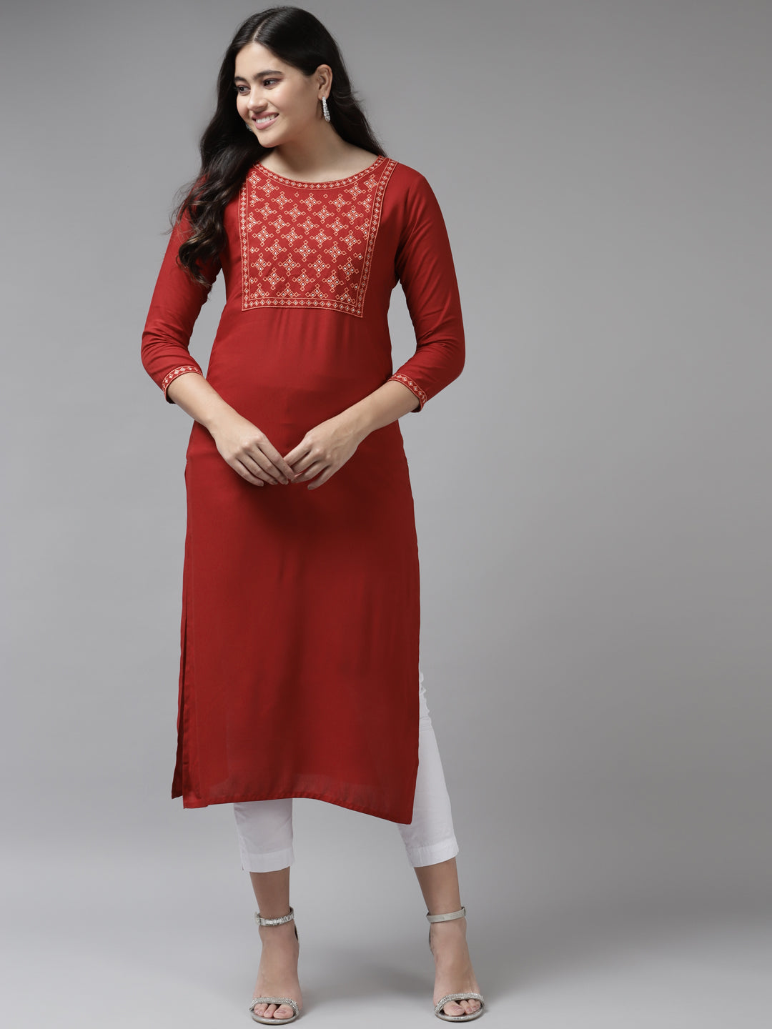 Red Yoke Design Kurta-Yufta Store-6213KURRDS