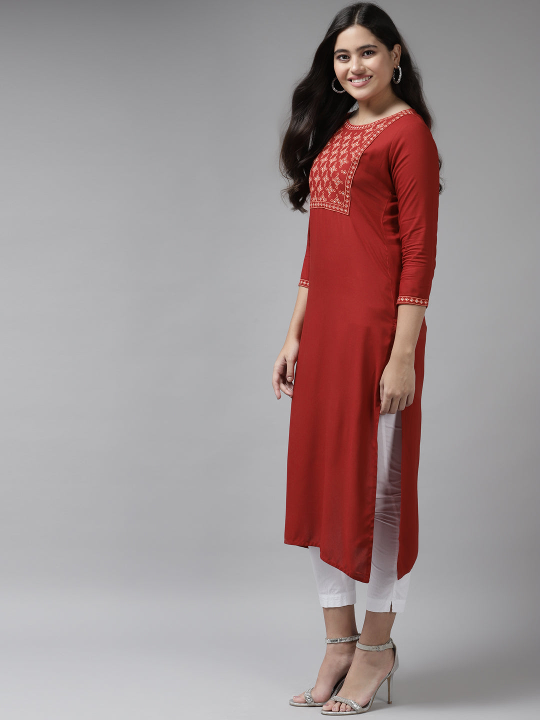 Red Yoke Design Kurta-Yufta Store-6213KURRDS