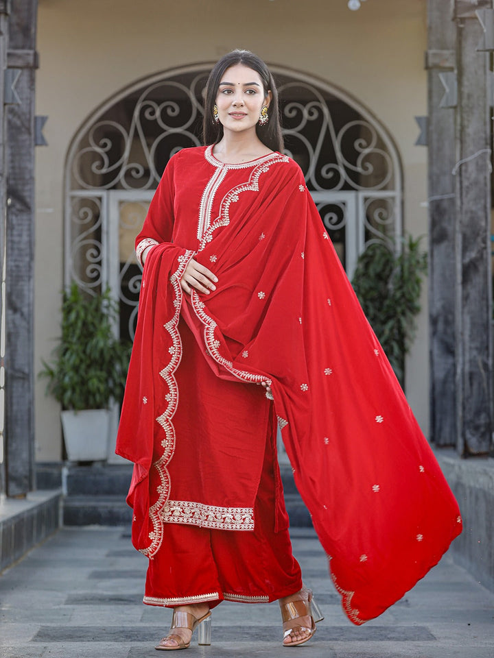 Red Zari Work Velvet Straight Kurta Palazzo Dupatta Set-Yufta Store-1575SKDRDS