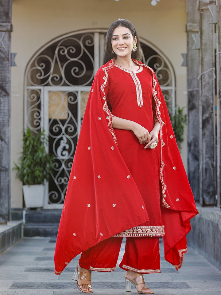 Red Zari Work Velvet Straight Kurta Palazzo Dupatta Set-Yufta Store-1575SKDRDS