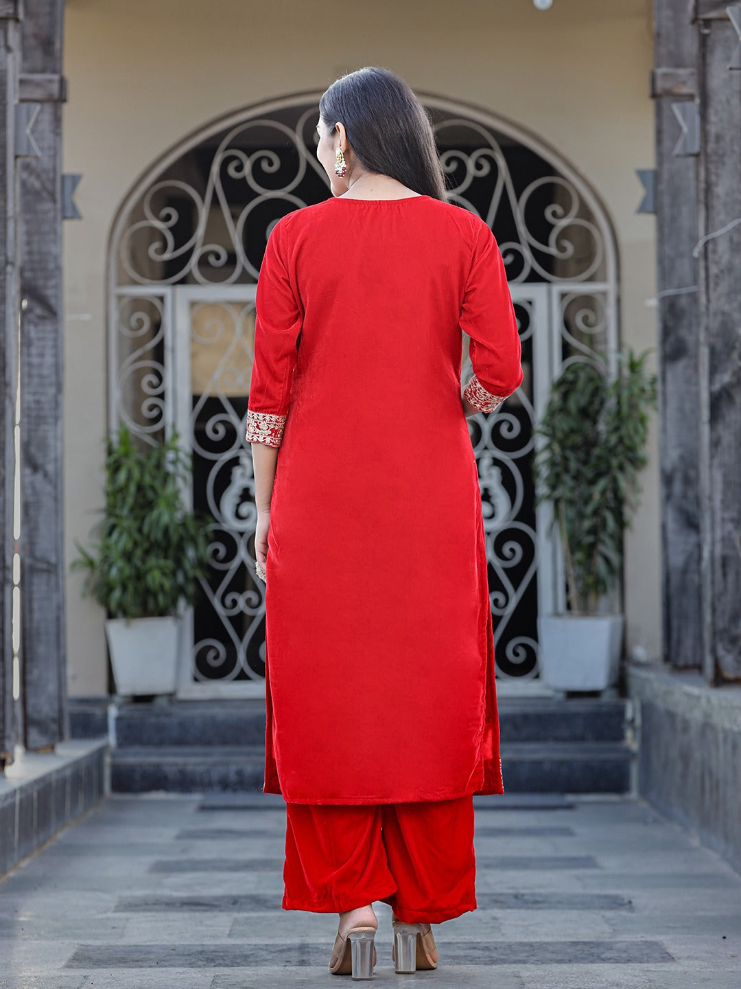 Red Zari Work Velvet Straight Kurta Palazzo Dupatta Set-Yufta Store-1575SKDRDS