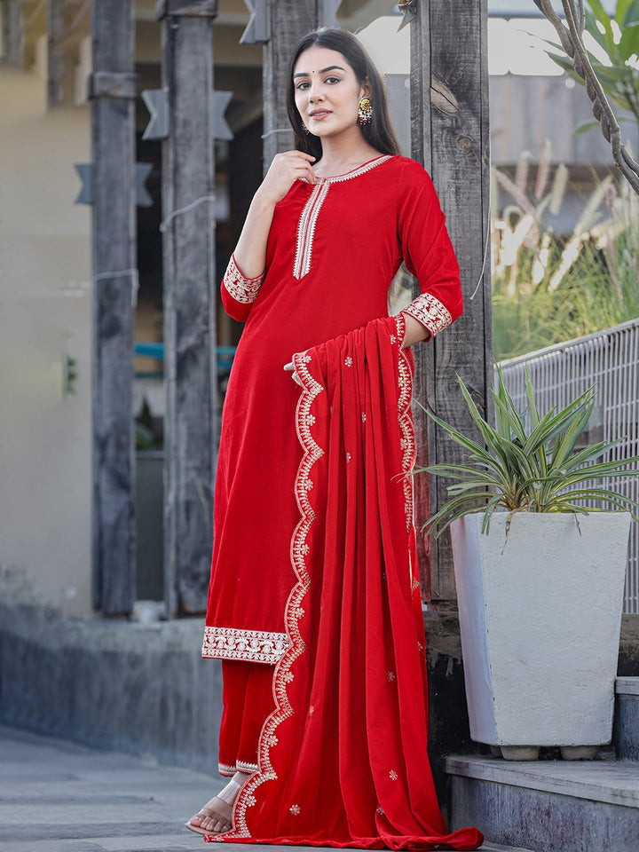 Red Zari Work Velvet Straight Kurta Palazzo Dupatta Set-Yufta Store-1575SKDRDS