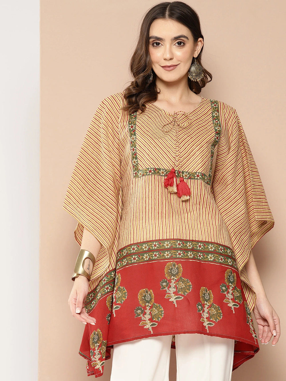 Red and beige Striped Cotton Kaftan Longline Top-Yufta Store-1411TOPRDS