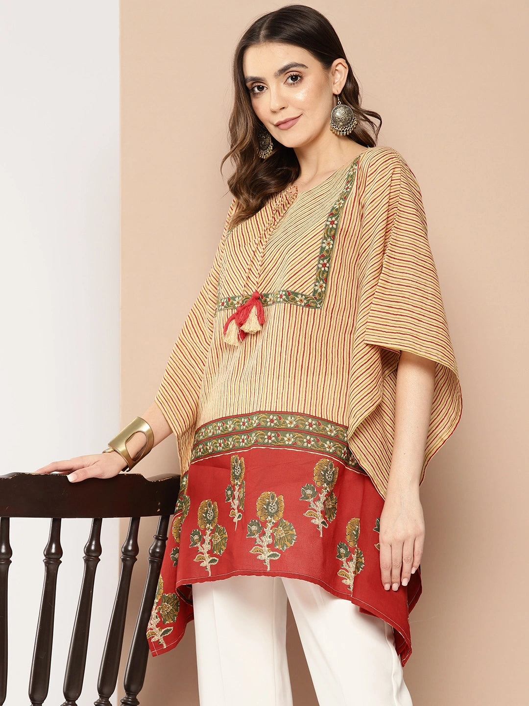 Red and beige Striped Cotton Kaftan Longline Top-Yufta Store-1411TOPRDS