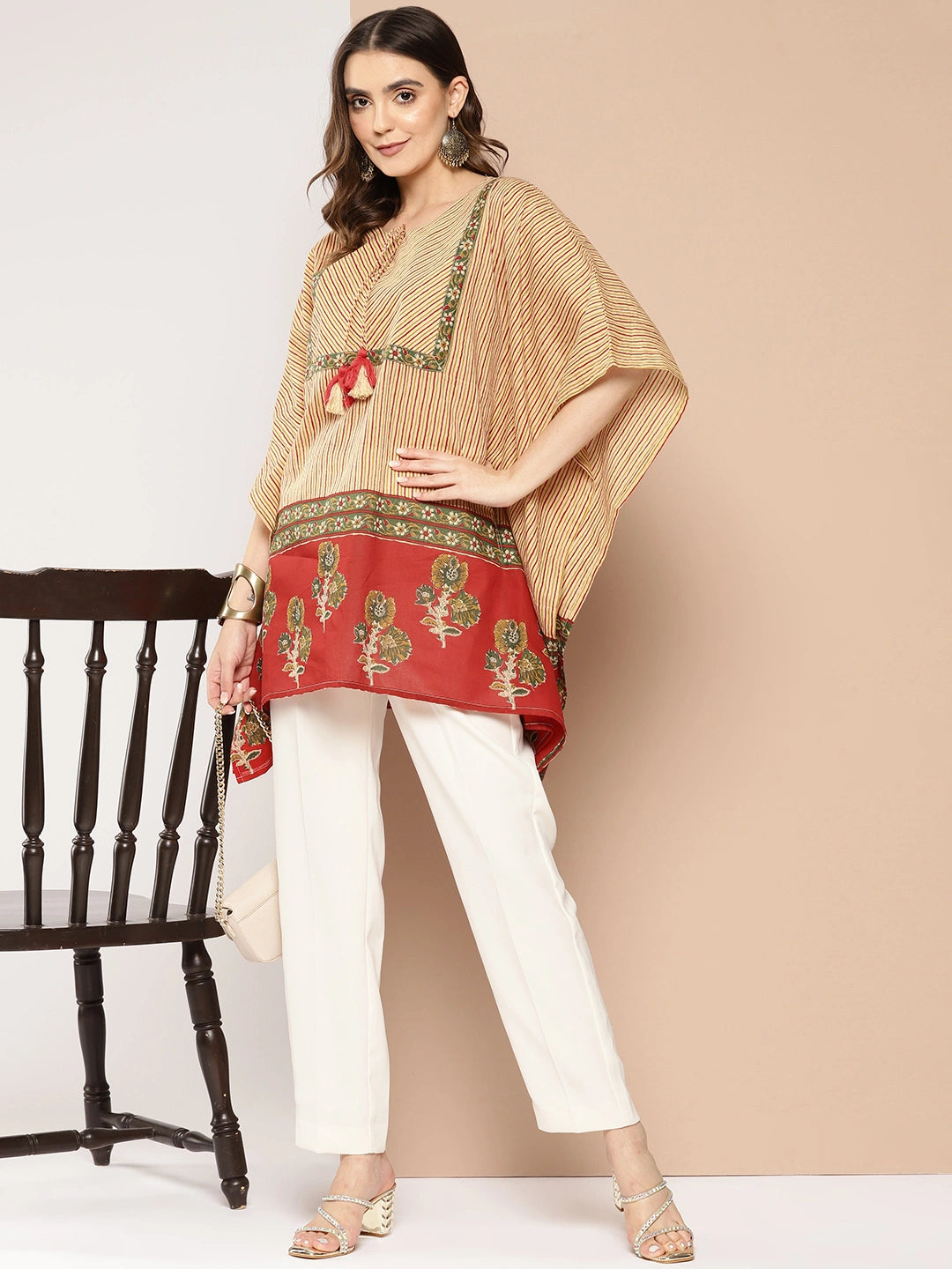 Red and beige Striped Cotton Kaftan Longline Top-Yufta Store-1411TOPRDS