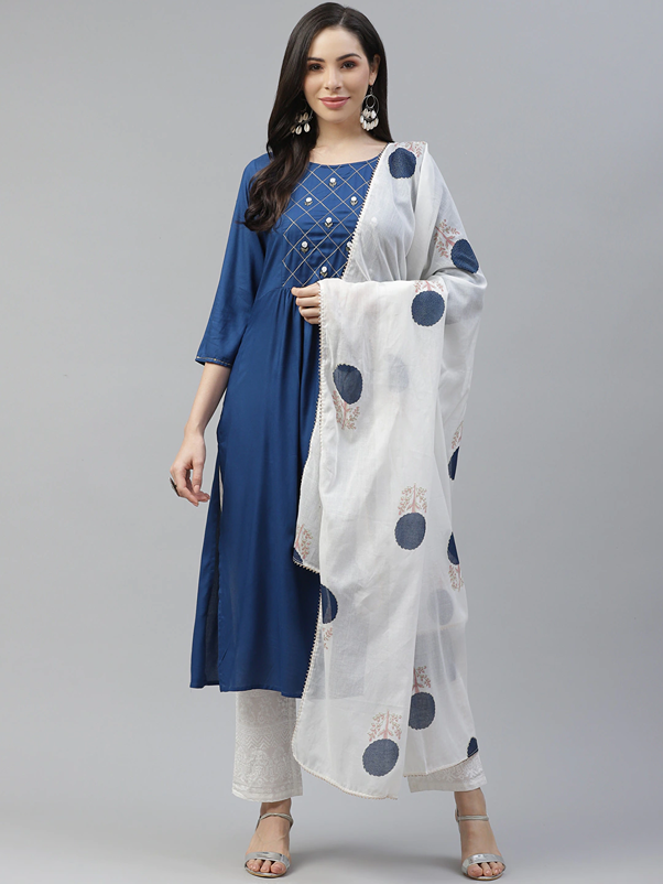 Royal Blue & Offwhite Dupatta Set-Yufta Store-7613SETRBS