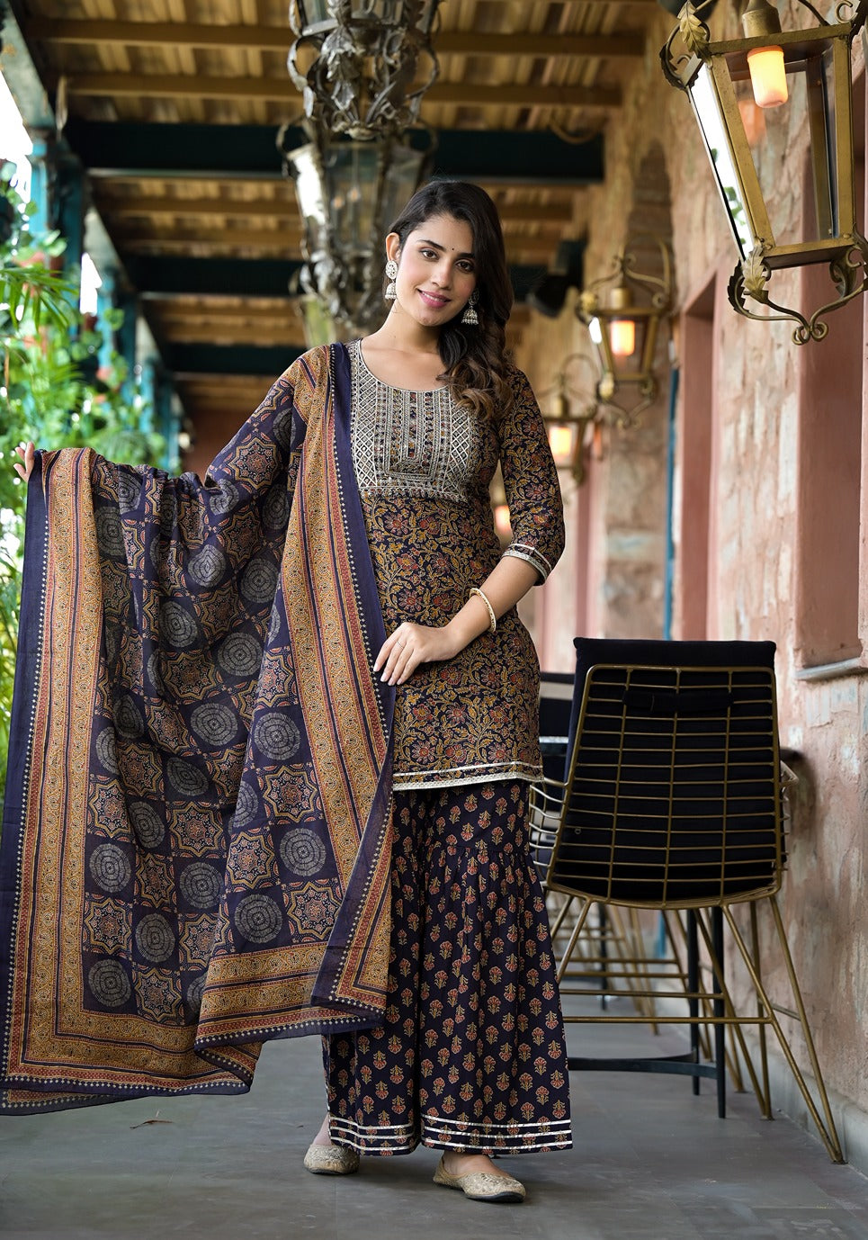 Rust And Navy Blue Floral Zari_Work Kurta Sharara With Dupatta Set