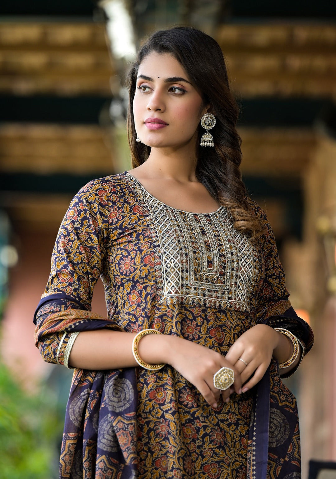 Rust And Navy Blue Floral Zari_Work Kurta Sharara With Dupatta Set-Yufta Store-1760SKDBKS