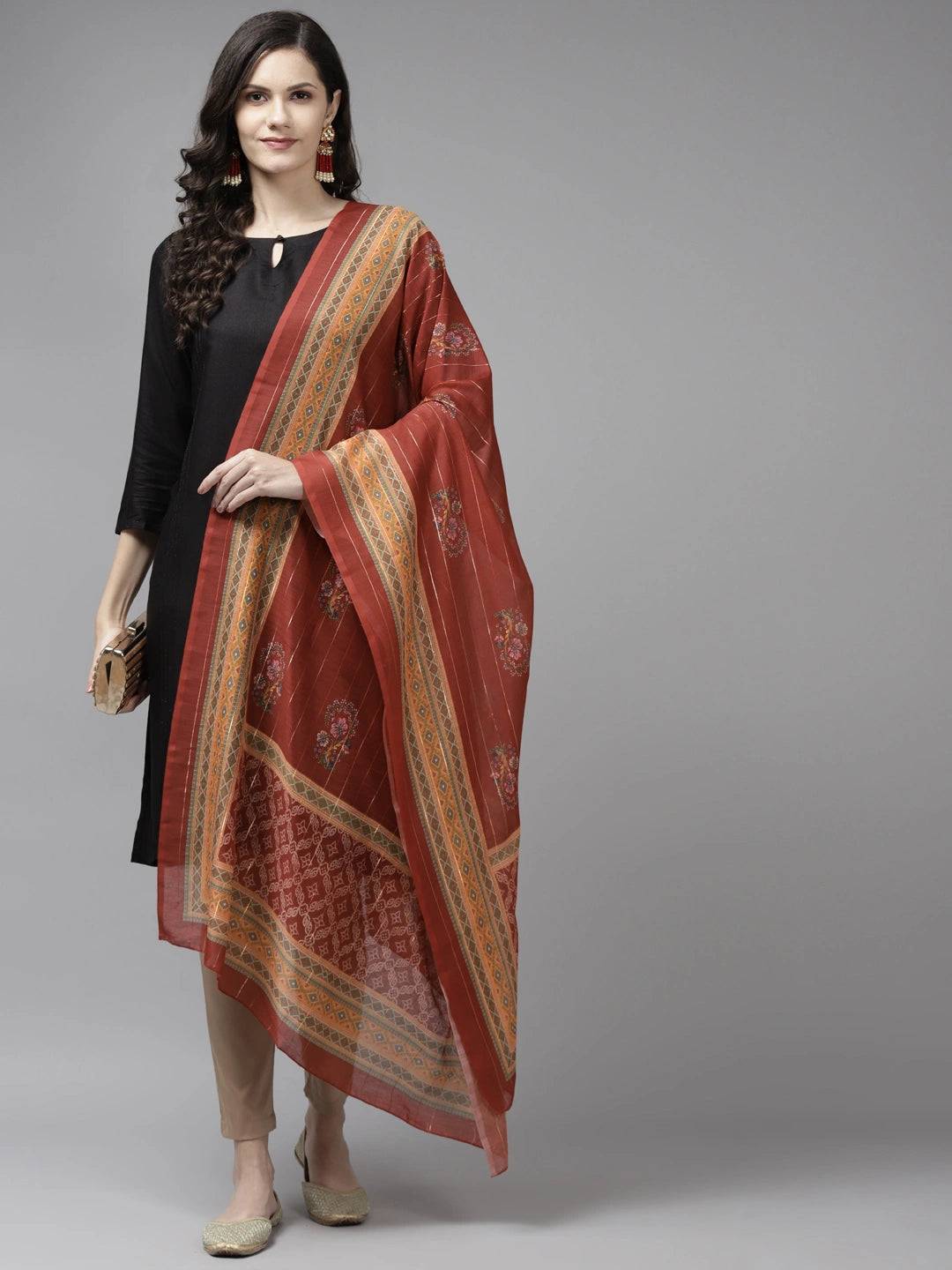 Rust Cotton Silk Dupatta with Zari-Yufta Store-9543DPTRT