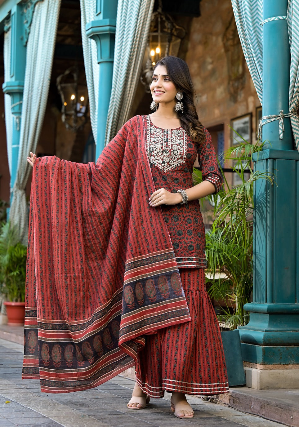 Rust Ethnic Motifs Dori_Embroidery Kurta Sharara With Dupatta Set