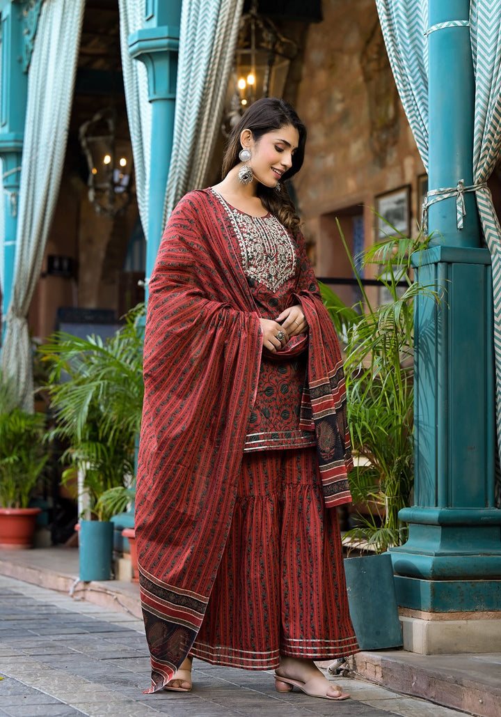 Rust Ethnic Motifs Dori_Embroidery Kurta Sharara With Dupatta Set