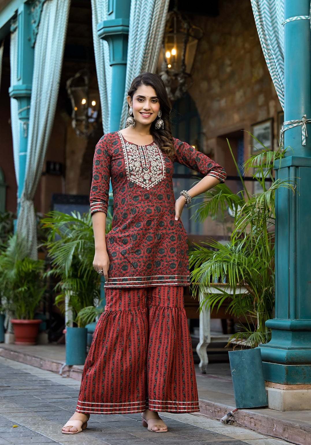 Rust Ethnic Motifs Dori_Embroidery Kurta Sharara With Dupatta Set