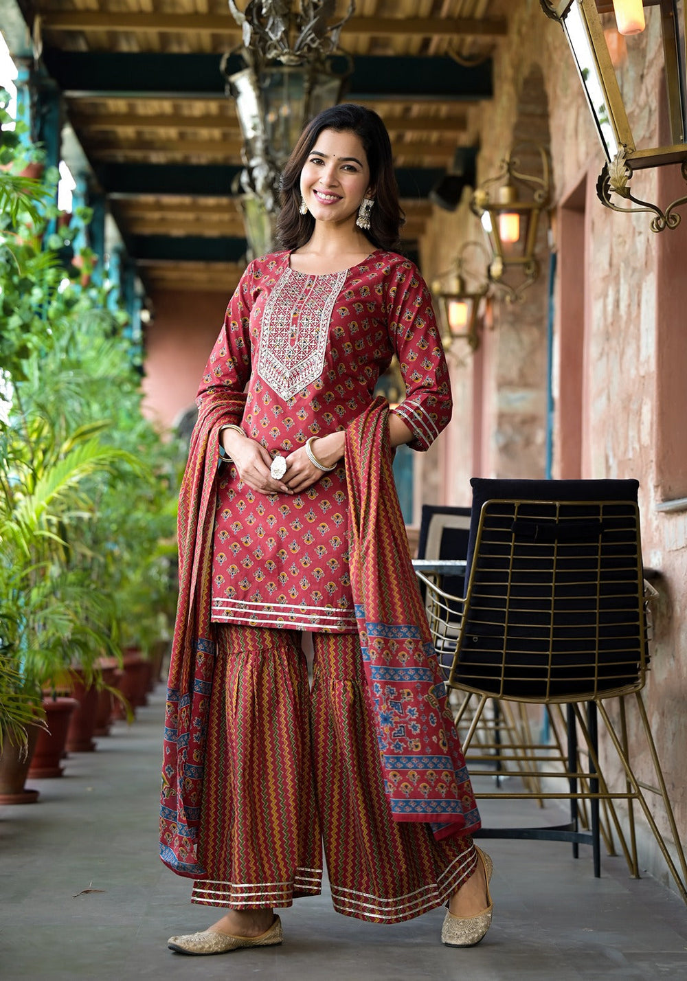 Rust Floral Sequins_Work Kurta Sharara With Dupatta Set