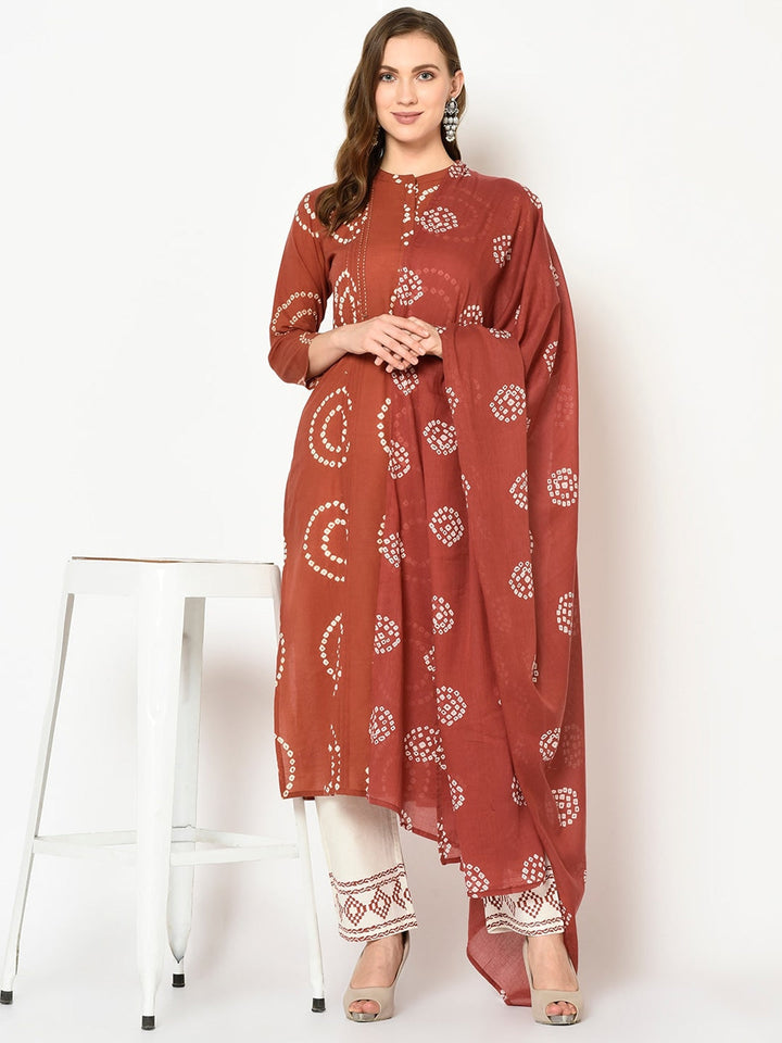 Rust & Off-White Bandhani Dupatta Set-Yufta Store-7324SETRTS