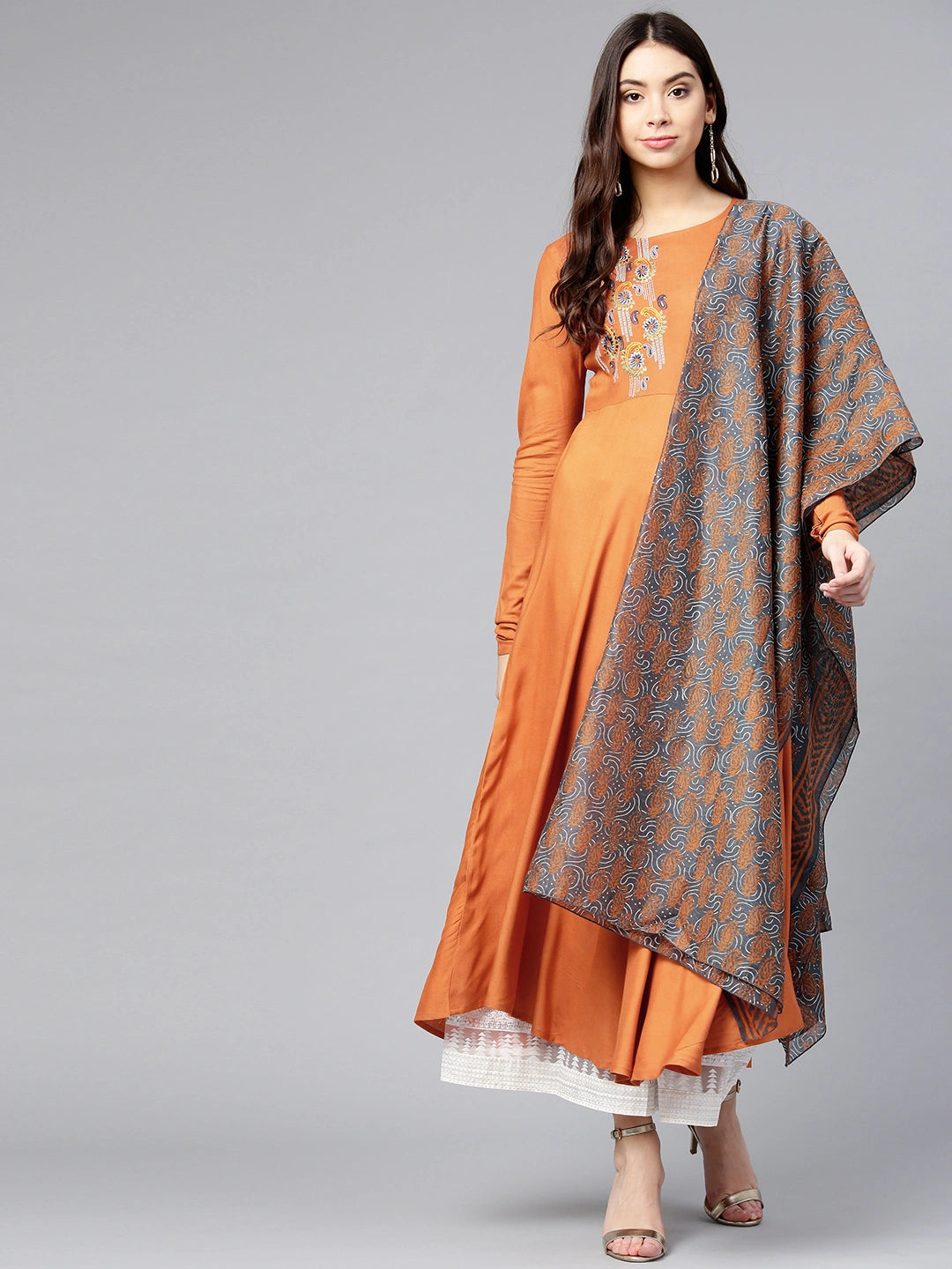 Rust Orange A-Line Dupatta Set-Yufta Store-YUFPJSET2049KUS