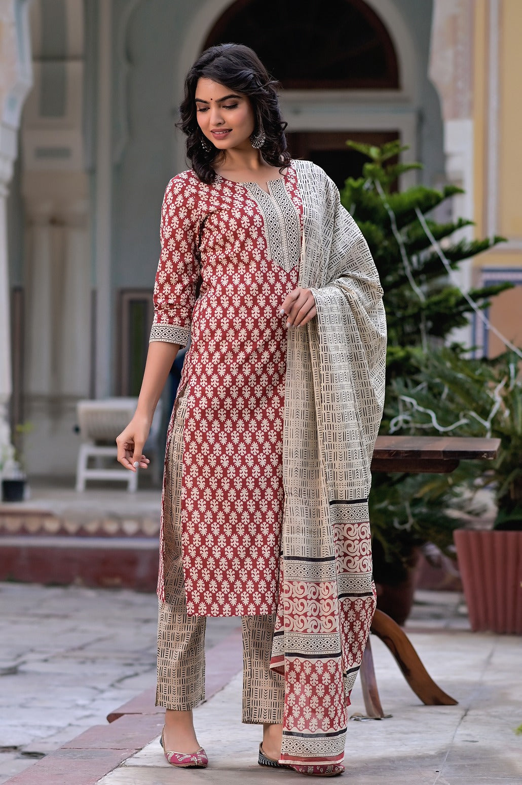 Rust Red & Beige Printed Dupatta Set-Yufta Store-9188SKDMRS