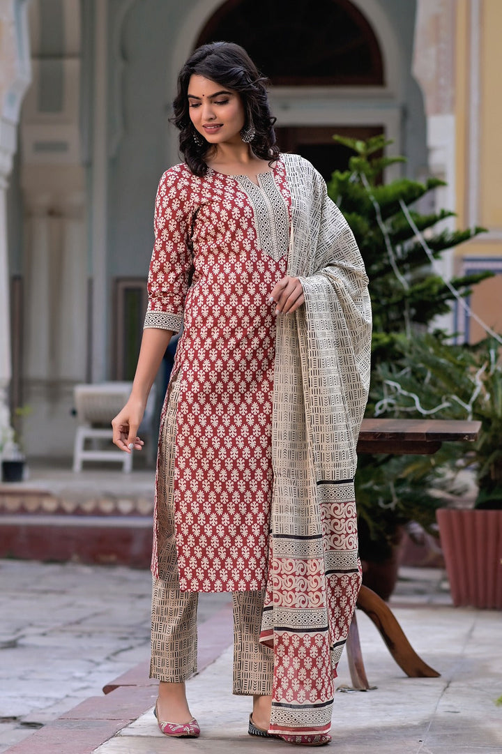 Rust Red & Beige Printed Dupatta Set-Yufta Store-9188SKDMRS