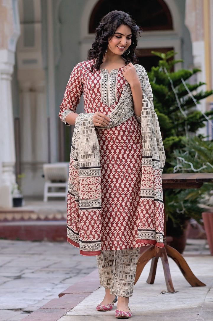 Rust Red & Beige Printed Dupatta Set-Yufta Store-9188SKDMRS