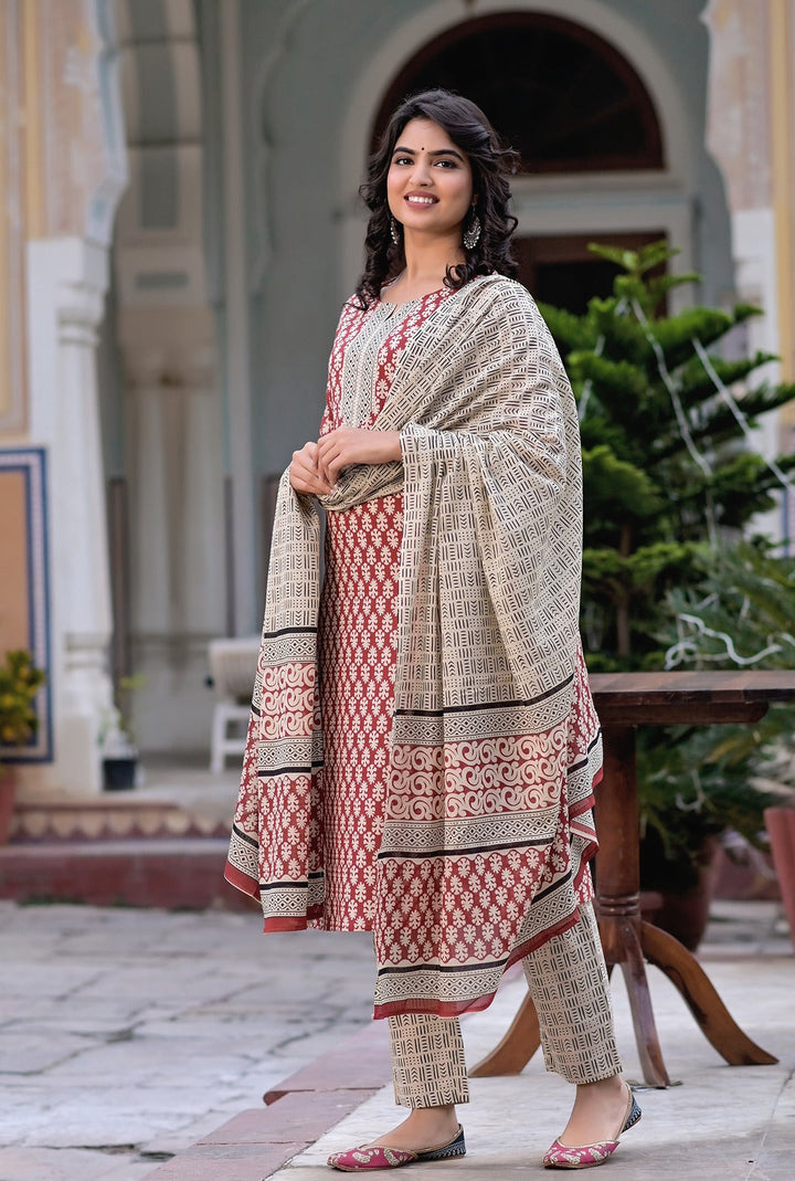 Rust Red & Beige Printed Dupatta Set-Yufta Store-9188SKDMRS