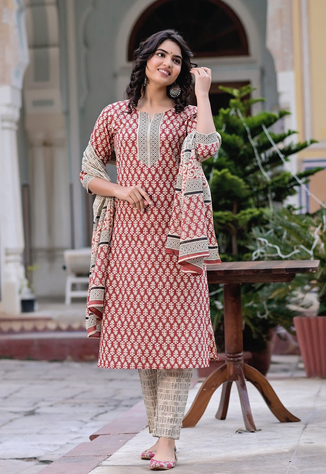 Rust Red & Beige Printed Dupatta Set-Yufta Store-9188SKDMRS