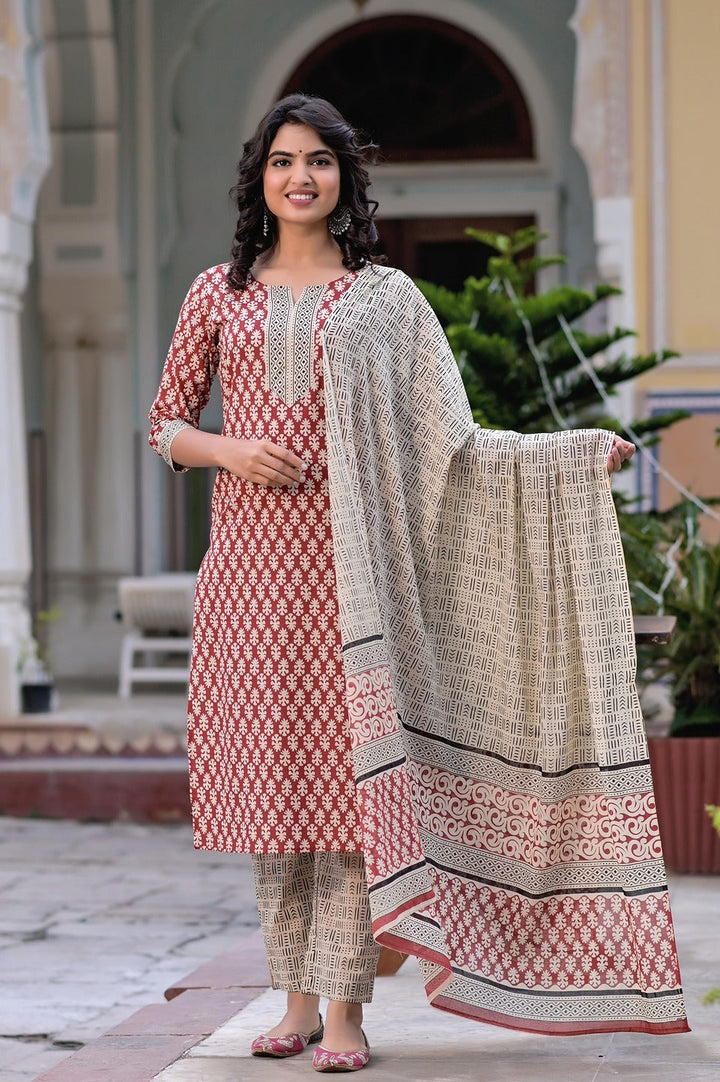 Rust Red & Beige Printed Dupatta Set-Yufta Store-9188SKDMRS