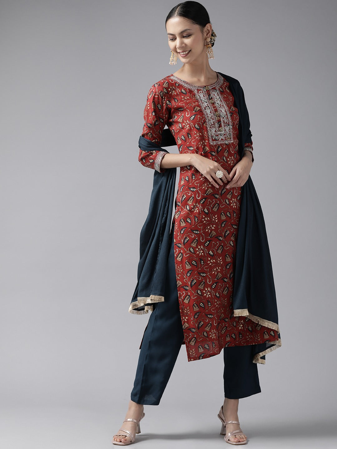 Rust Thread Work Dupatta Set-Yufta Store-9868SKDRTS