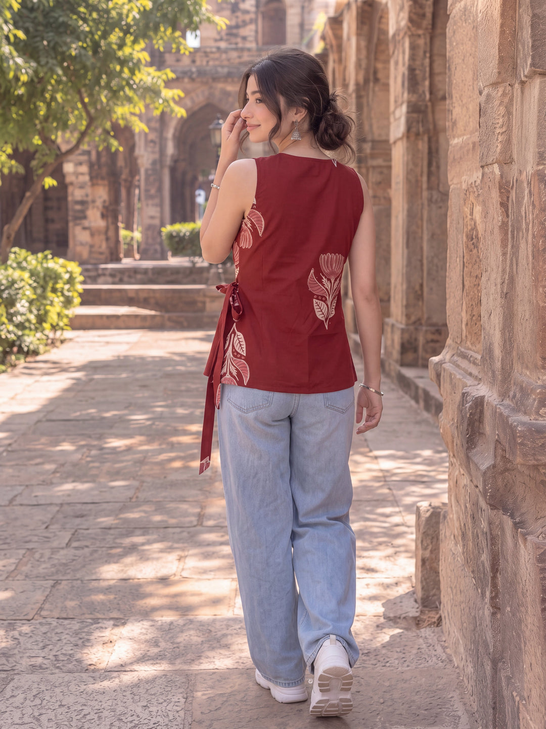 Maroon Cotton Angrakha Style Sleeveless Top