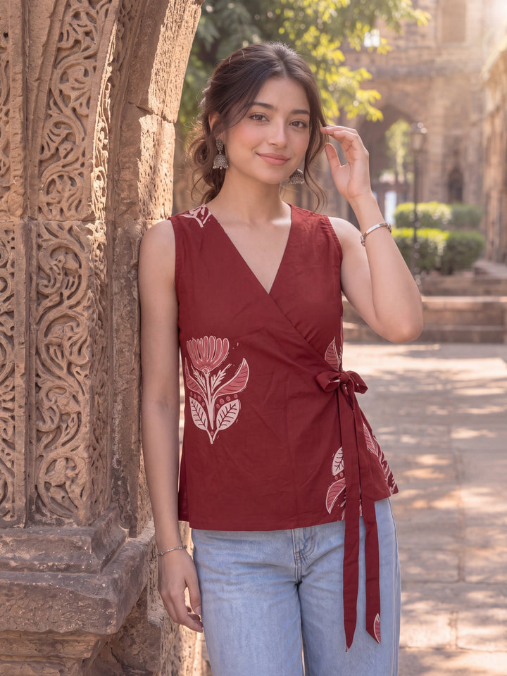 Maroon Cotton Angrakha Style Sleeveless Top