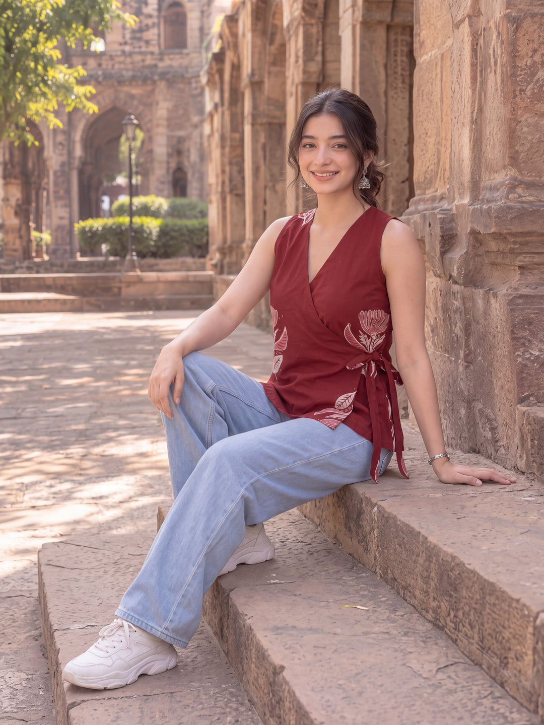Maroon Cotton Angrakha Style Sleeveless Top
