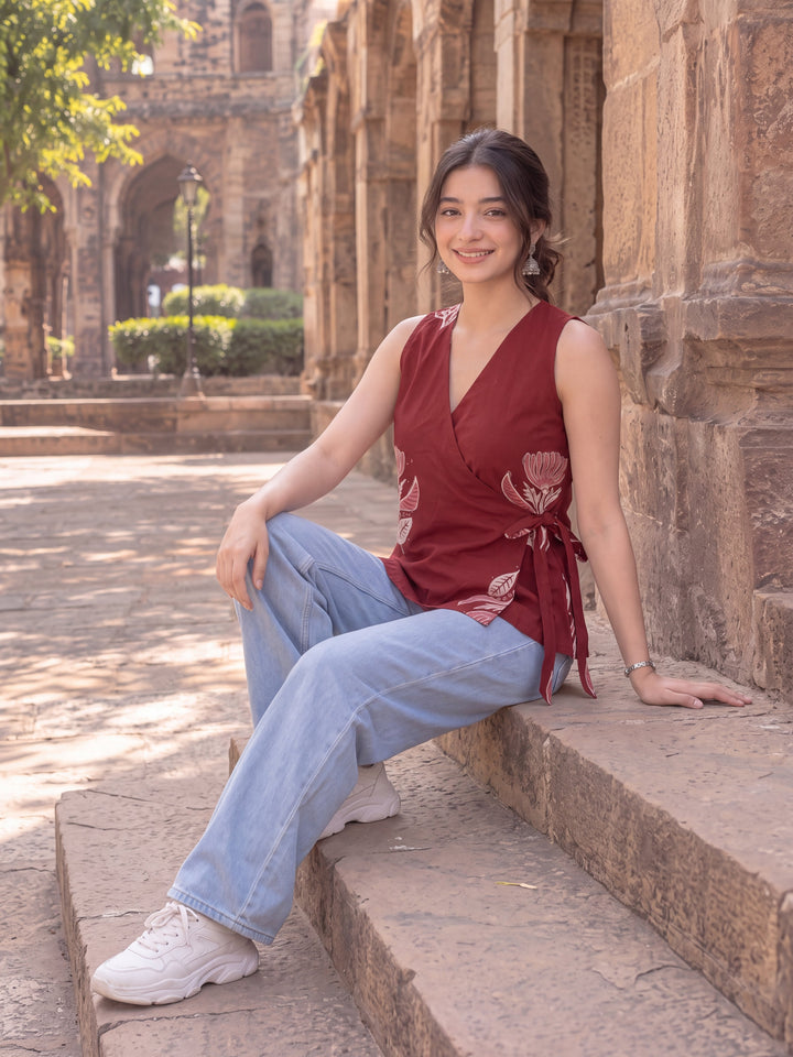 Maroon Cotton Angrakha Style Sleeveless Top