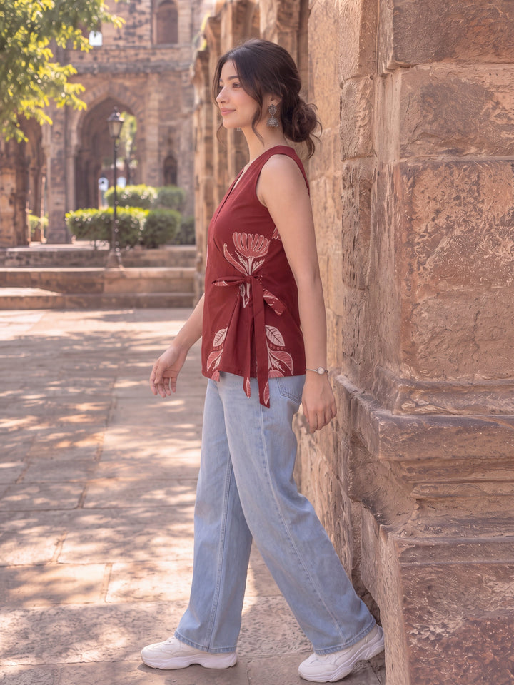 Maroon Cotton Angrakha Style Sleeveless Top
