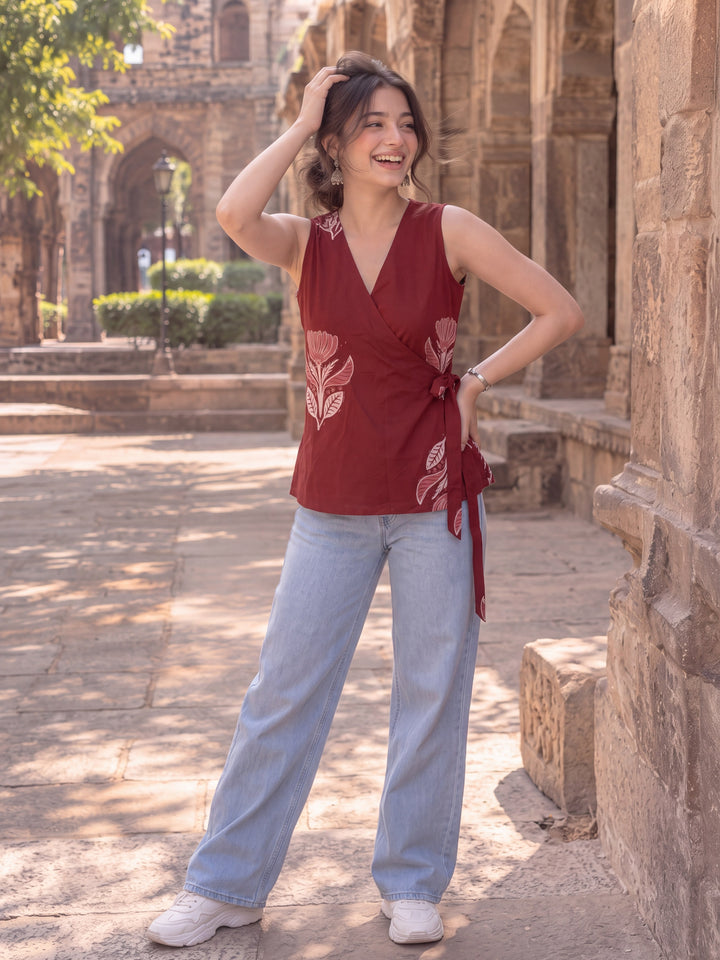 Maroon Cotton Angrakha Style Sleeveless Top